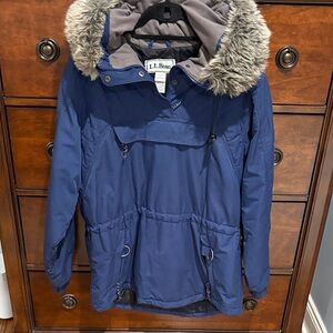 L.L. Bean Navy Blue Hooded Parka with Faux Fur Trim